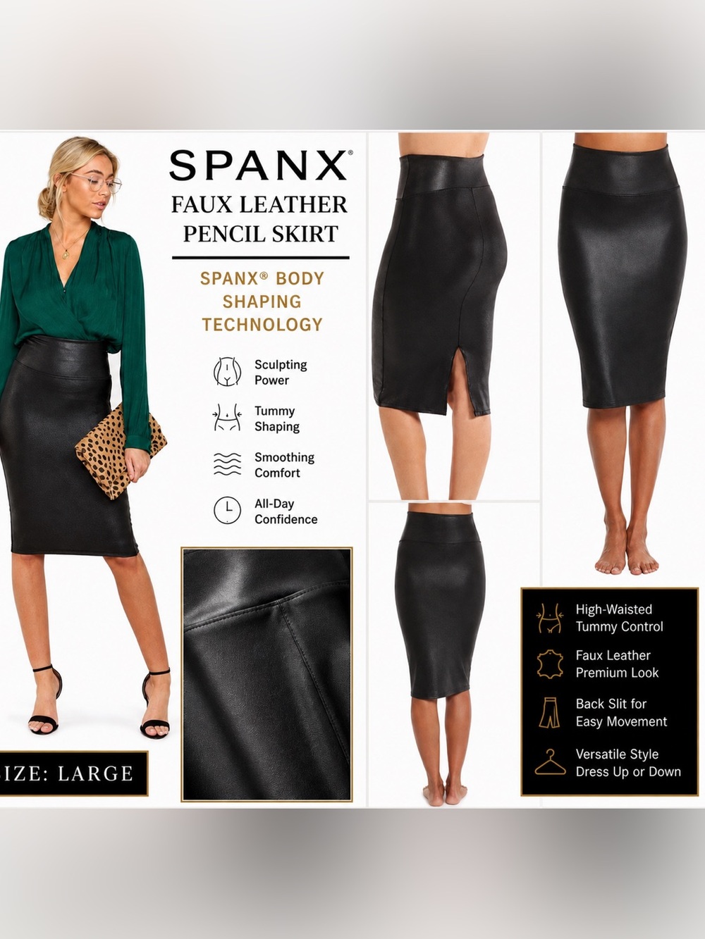 Spanx Faux Leather Pencil Skirt with Body Shaping Size Latge